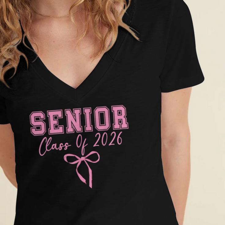 Coquette Senior 2026 Class Of 2026 Pink Bow Graduation 2026 Women's Jersey Short Sleeve Deep V-Neck Tshirt