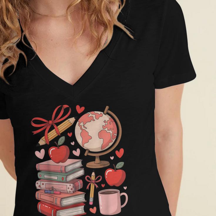 Coquette Teacher School Supplies Bows Books Globe Apple Cute Women's Jersey Short Sleeve Deep V-Neck Tshirt