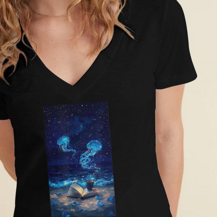 Cosmic Botanical Book Lover Reading Women's Jersey Short Sleeve Deep V-Neck Tshirt