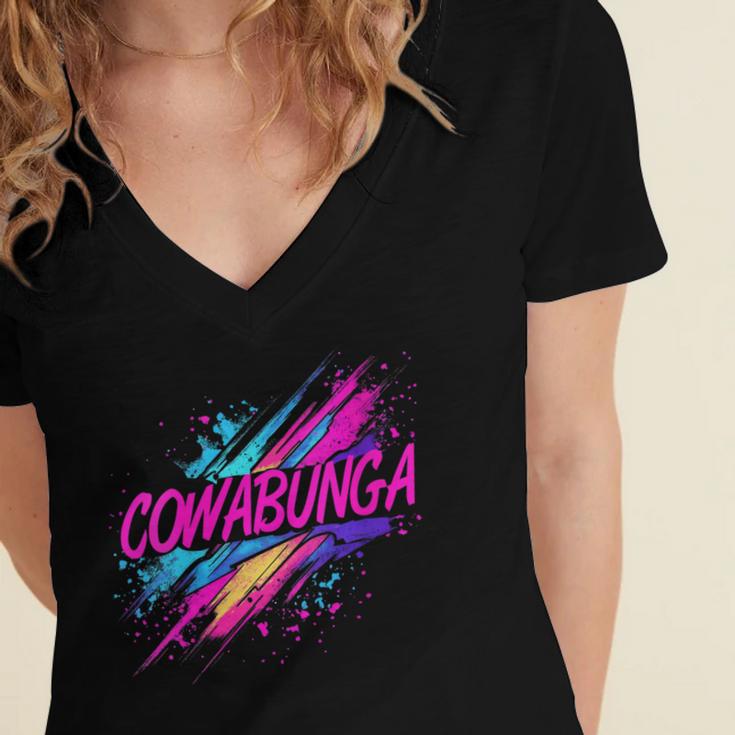 Cowabunga Retro 80s 90s Nostalgia Slang Neon Grunge Art Women's Jersey Short Sleeve Deep V-Neck Tshirt