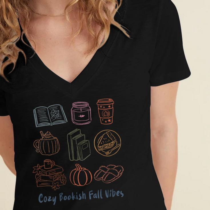 Cozy Bookish Fall Vibes Pumpkin Latte Books Autumn Reading Women's Jersey Short Sleeve Deep V-Neck Tshirt