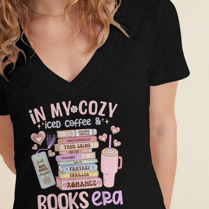 In My Cozy Iced Coffee And Books Era Women's Jersey Short Sleeve Deep V-Neck Tshirt In My Cozy Iced Coffee And Books Era Women's Jersey Short Sleeve Deep V-Neck Tshirt