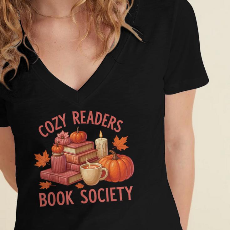 Cozy Readers Book Society Teacher Reading Floral Pumpkin Tee Women's Jersey Short Sleeve Deep V-Neck Tshirt