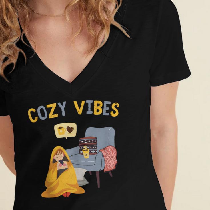 Cozy Vibes Atmospheric Introvert Women's Jersey Short Sleeve Deep V-Neck Tshirt