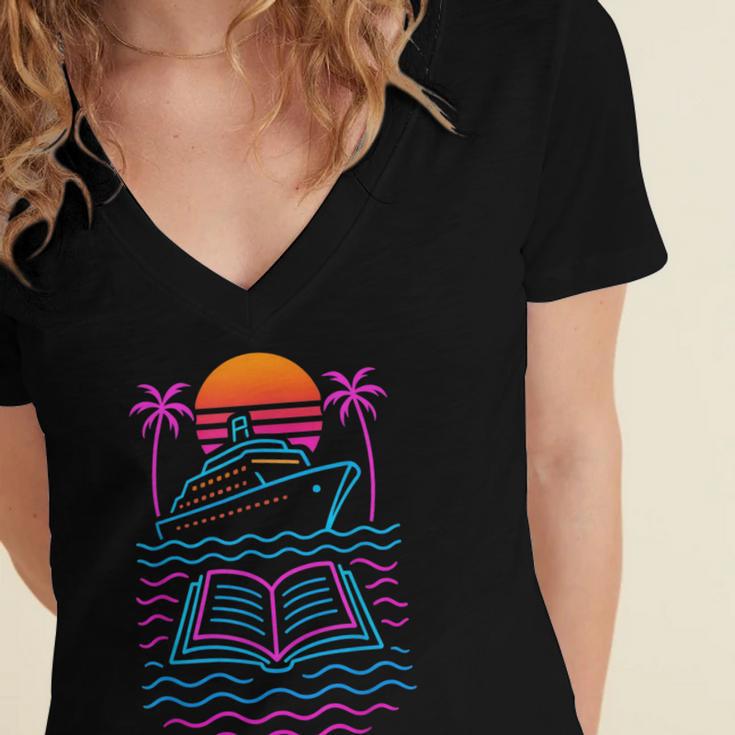Cruise Ship Vacations Reading Book Lovers Sunset Women's Jersey Short Sleeve Deep V-Neck Tshirt