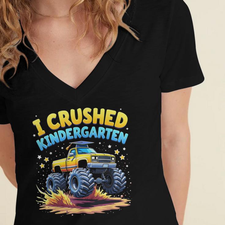 I Crushed Kindergarten Monster Truck Graduation Boys Kids Women's Jersey Short Sleeve Deep V-Neck Tshirt