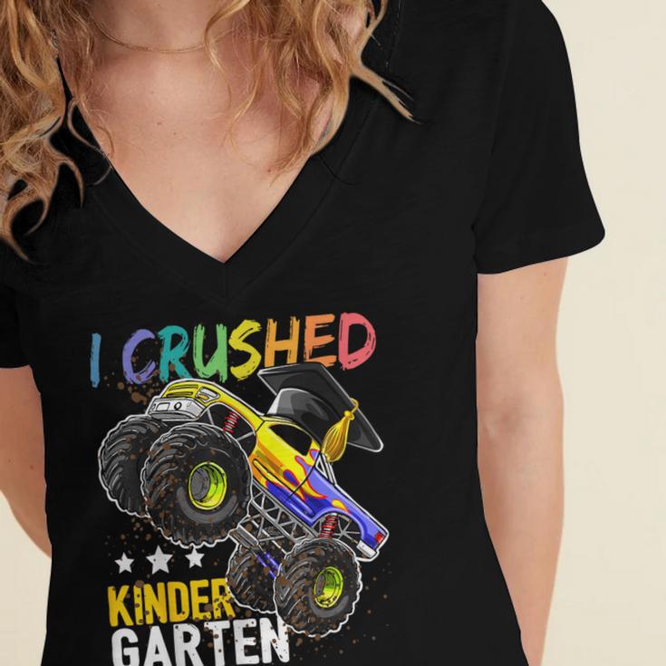 I Crushed Kindergarten Monster Truck Graduation Boys Small Women's Jersey Short Sleeve Deep V-Neck Tshirt