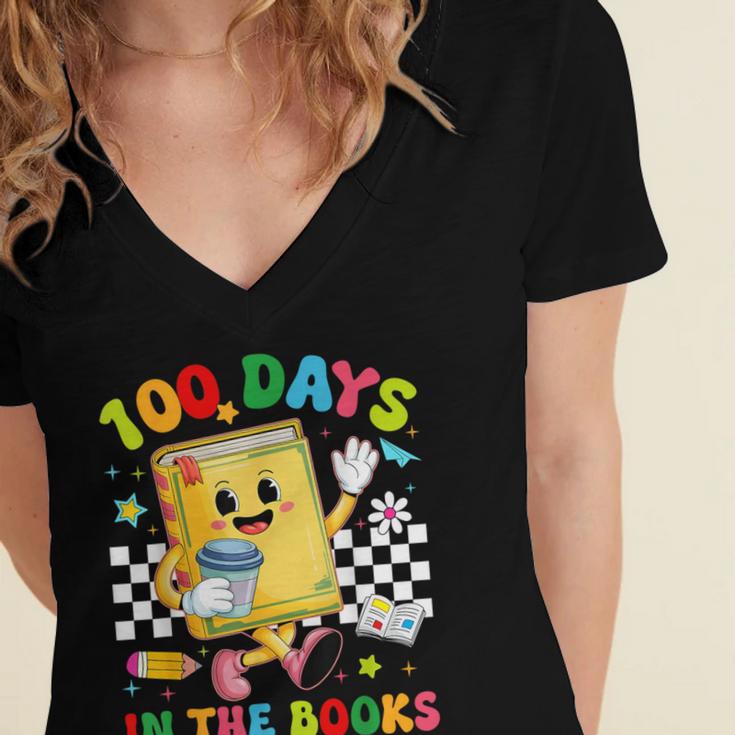 Cute 100 Days In The Books Groovy Boy Girl Teacher Women's Jersey Short Sleeve Deep V-Neck Tshirt