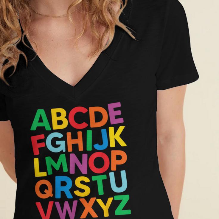 Cute ABCs Shirt Alphabet Colorful Letters Reading Books Kids Women's Jersey Short Sleeve Deep V-Neck Tshirt