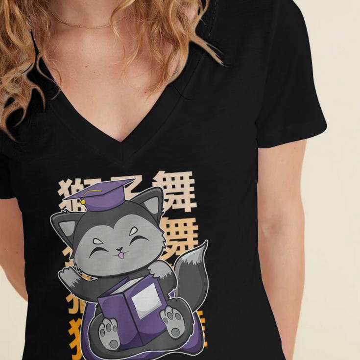 Cute Anime Fox Graduate Of A Class For Graduation Women's Jersey Short Sleeve Deep V-Neck Tshirt