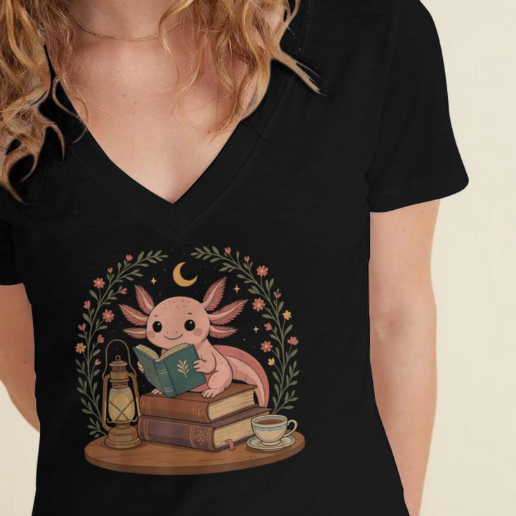Cute Axolotl Reading Books Cozy Bookworm Women's Jersey Short Sleeve Deep V-Neck Tshirt