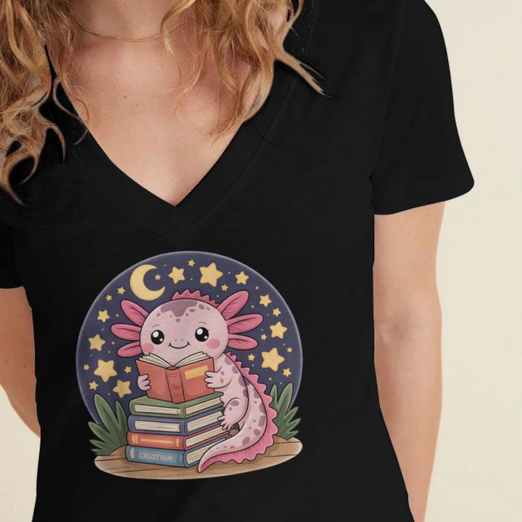 Cute Axolotl Reading Books Cozy Night Aesthetic Women's Jersey Short Sleeve Deep V-Neck Tshirt