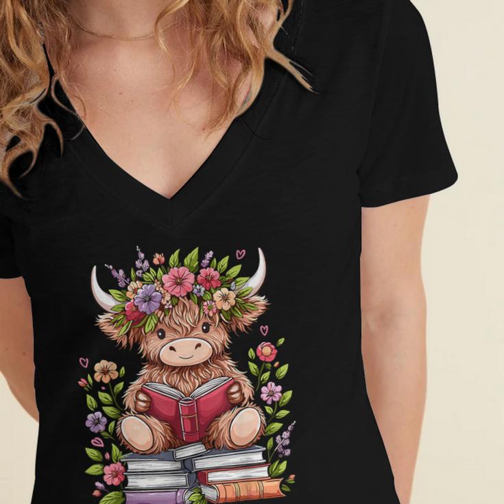 Cute Baby Highland Cow With Reading Book Bookworm Women's Jersey Short Sleeve Deep V-Neck Tshirt