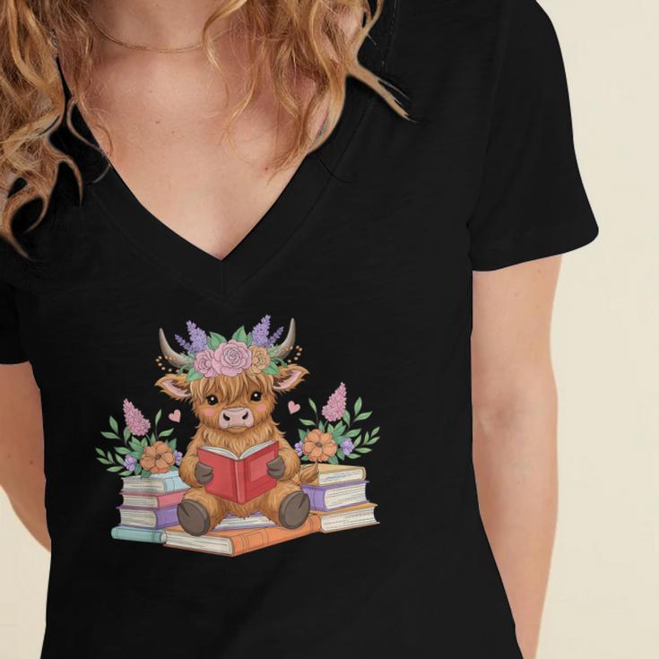 Cute Baby Highland Cow Reading Book Lover Toddler Women's Jersey Short Sleeve Deep V-Neck Tshirt Cute Baby Highland Cow Reading Book Lover Toddler Women's Jersey Short Sleeve Deep V-Neck Tshirt