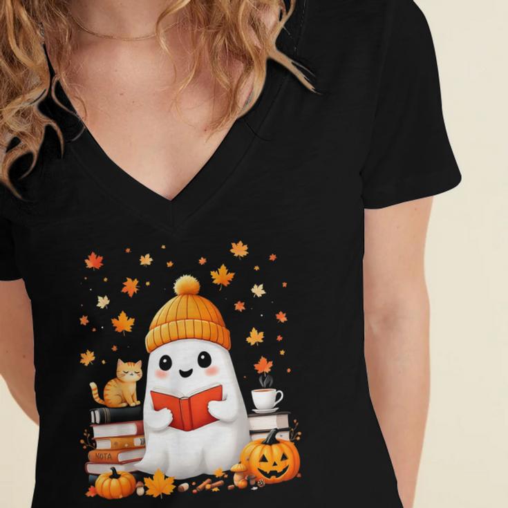 Cute Beanie Ghost Bookworm Cozy Book Reading Halloween Women's Jersey Short Sleeve Deep V-Neck Tshirt