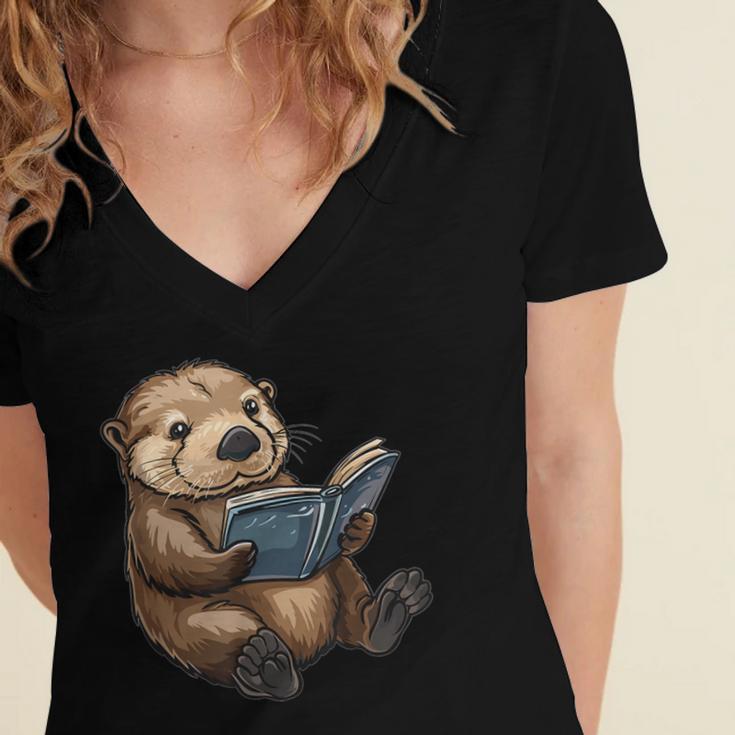 Cute Book Sea Otter Women's Jersey Short Sleeve Deep V-Neck Tshirt
