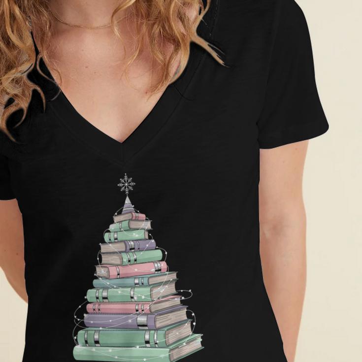Cute Bookmas Christmas Book Tree Book Lover Teacher Women's Jersey Short Sleeve Deep V-Neck Tshirt