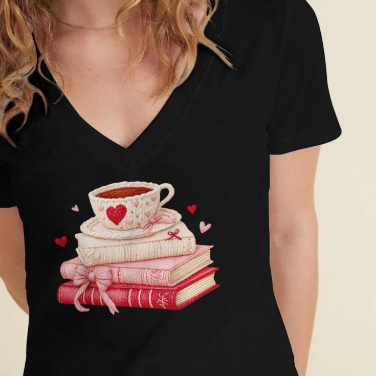 Cute Books And Coffee Crochet Valentines Day Tee For Couples Women's Jersey Short Sleeve Deep V-Neck Tshirt