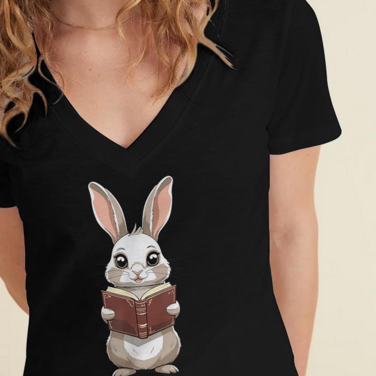 Cute Bookworm Bunny Reading For Kids And Teachers Women's Jersey Short Sleeve Deep V-Neck Tshirt
