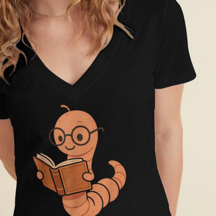 Cute Bookworm Worm Reading Book Glasses Nerdy Women's Jersey Short Sleeve Deep V-Neck Tshirt
