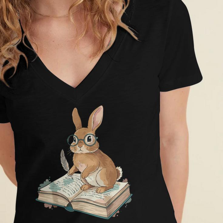 Cute Bunny Reading Book Glasses Bookworm Women's Jersey Short Sleeve Deep V-Neck Tshirt Cute Bunny Reading Book Glasses Bookworm Women's Jersey Short Sleeve Deep V-Neck Tshirt