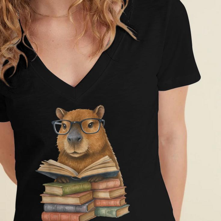 Cute Capybara Reading Books Animal Capybara Bookworms Women's Jersey Short Sleeve Deep V-Neck Tshirt