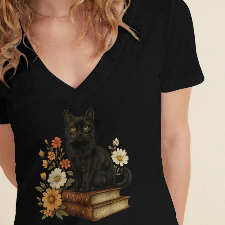 Cute Cat Book Flowers Women's Jersey Short Sleeve Deep V-Neck Tshirt
