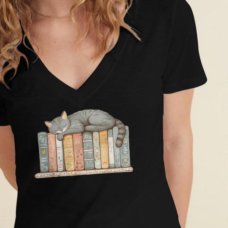 Cute Cat Sleeping On Books Women's Jersey Short Sleeve Deep V-Neck Tshirt