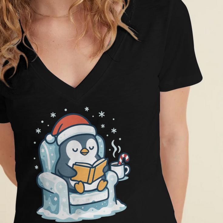 Cute Christmas Penguin Reading Book Cozy Winter Holiday Art Women's Jersey Short Sleeve Deep V-Neck Tshirt