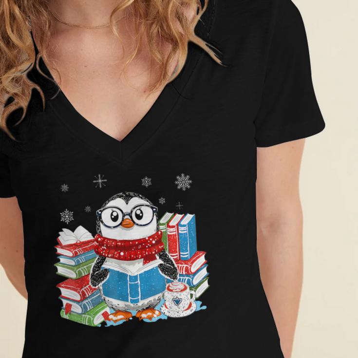 Cute Christmas A Penguin Reading Book Snowflake Hot Teacher Women's Jersey Short Sleeve Deep V-Neck Tshirt
