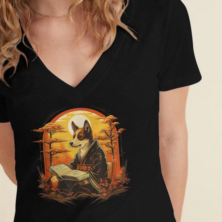 Cute Corgi Dog In Japanese Kimono With Book Men Women Girls Kids Women's Jersey Short Sleeve Deep V-Neck Tshirt Cute Corgi Dog In Japanese Kimono With Book Men Women Girls Kids Women's Jersey Short Sleeve Deep V-Neck Tshirt