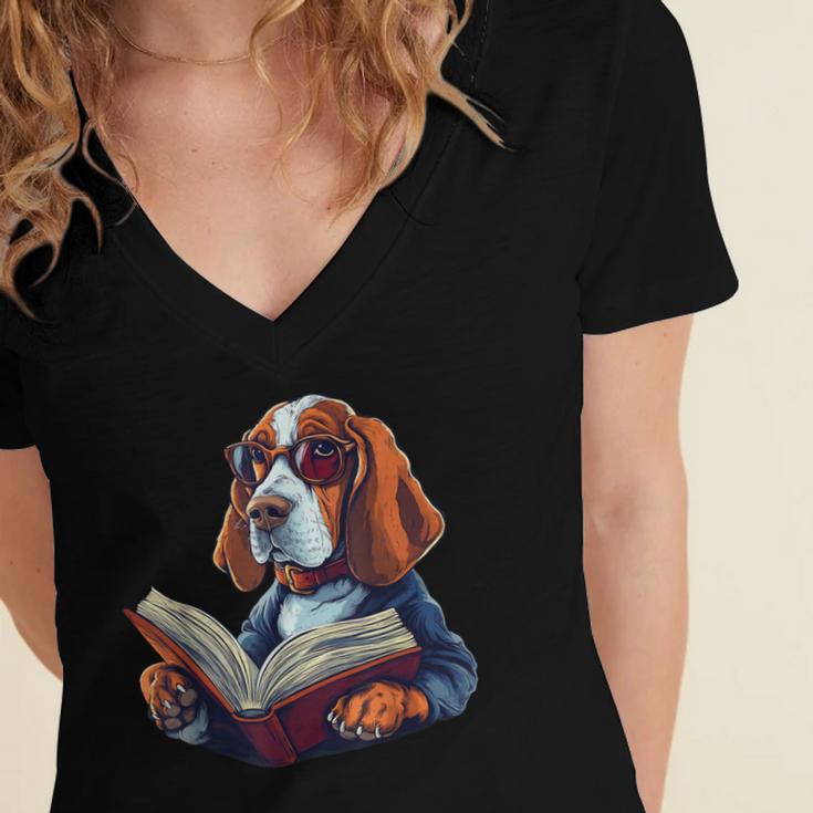 Cute Dog Basset Hound Reading Book Women's Jersey Short Sleeve Deep V-Neck Tshirt Cute Dog Basset Hound Reading Book Women's Jersey Short Sleeve Deep V-Neck Tshirt
