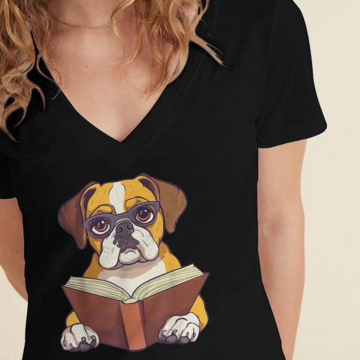 Cute Dog Boxer Reading Book Women's Jersey Short Sleeve Deep V-Neck Tshirt