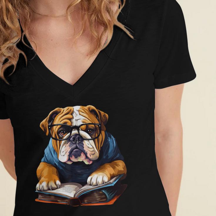 Cute Dog English Bulldog Reading Book Women's Jersey Short Sleeve Deep V-Neck Tshirt