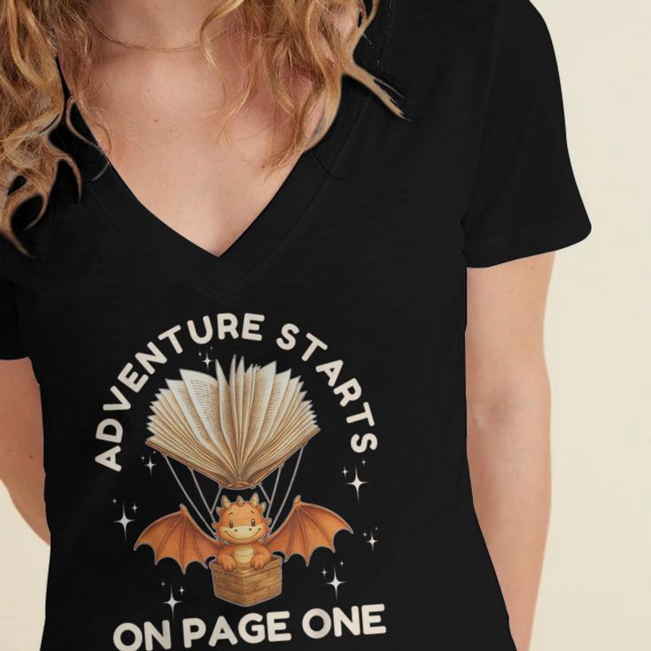 Cute Dragon Book Hot Air Balloon Adventure Fantasy Reading Women's Jersey Short Sleeve Deep V-Neck Tshirt