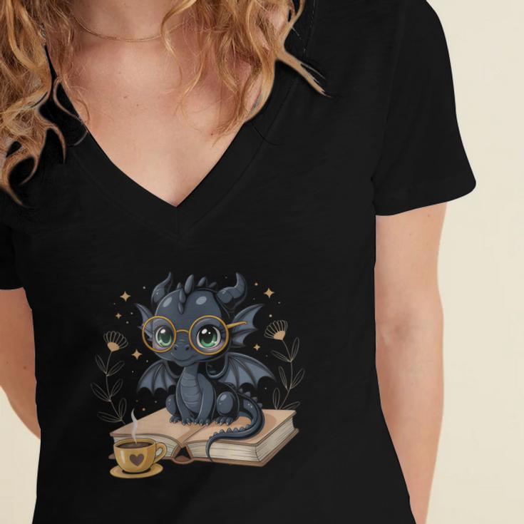 Cute Dragon Books Flower Bookworm Book Lover Women's Jersey Short Sleeve Deep V-Neck Tshirt