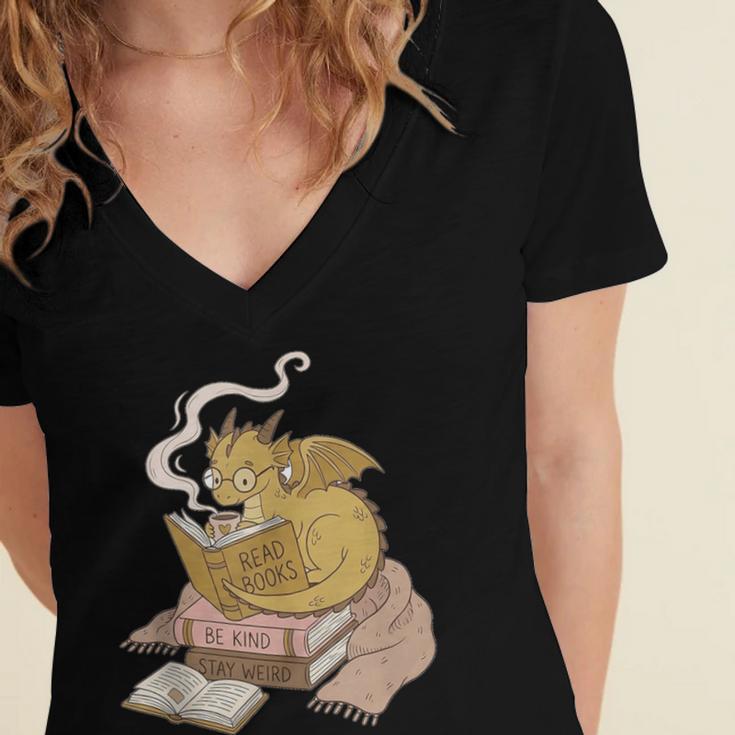 Cute Dragon Be Kind Stay Weird Read Books Women's Jersey Short Sleeve Deep V-Neck Tshirt