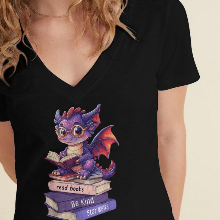 Cute Dragon Read Books Be Kind Stay Weird Book Lover Women's Jersey Short Sleeve Deep V-Neck Tshirt