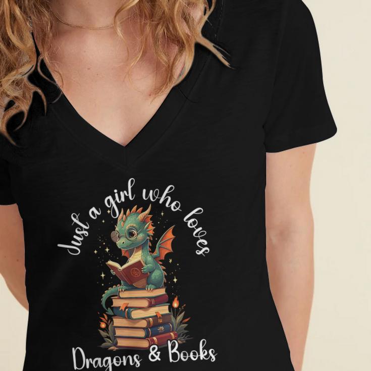Cute Dragon Reading Book Bookworm Dragon And Books For Women Women's Jersey Short Sleeve Deep V-Neck Tshirt