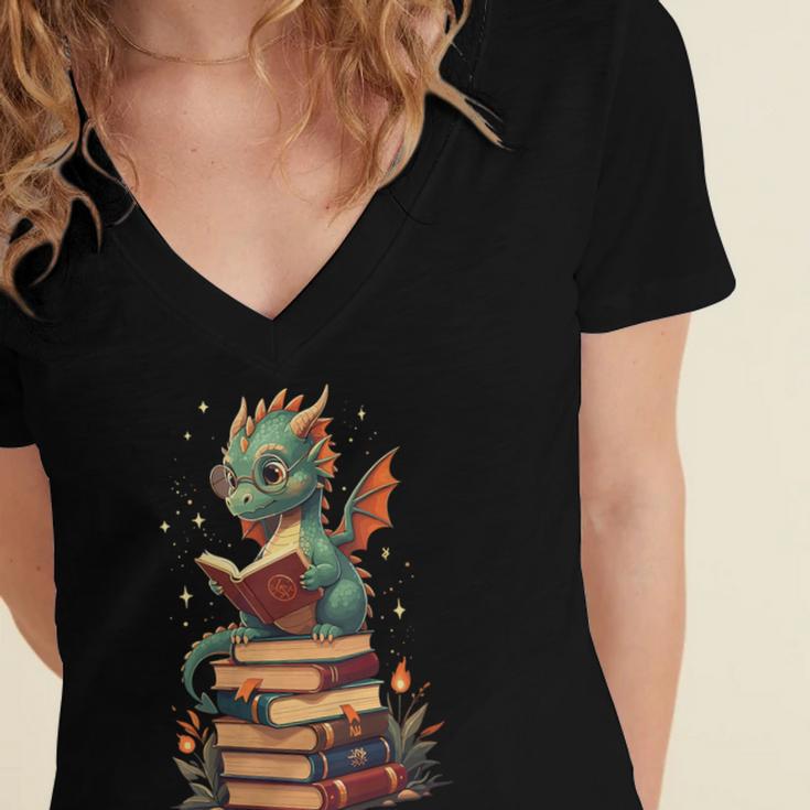 Cute Dragon Reading Book Bookworm Dragons And Books Women's Jersey Short Sleeve Deep V-Neck Tshirt