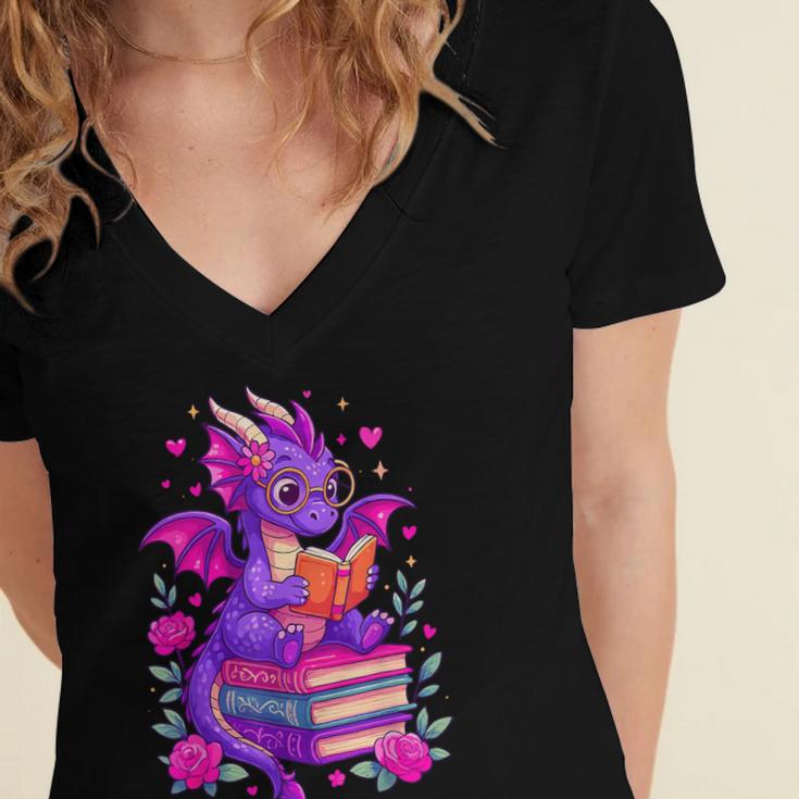 Cute Dragon Reading Books Bookworm Women's Jersey Short Sleeve Deep V-Neck Tshirt