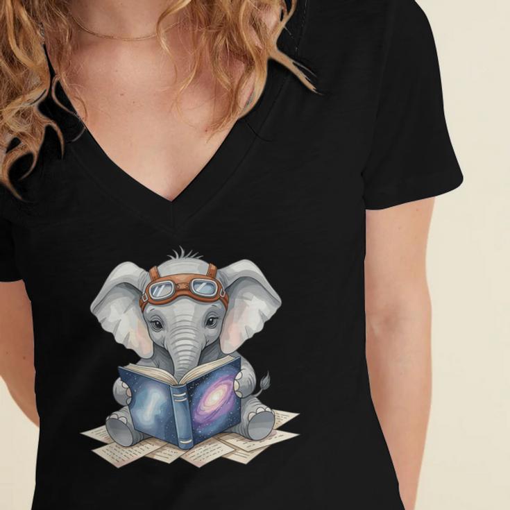 Cute Elephant Reading Universe Book Women's Jersey Short Sleeve Deep V-Neck Tshirt