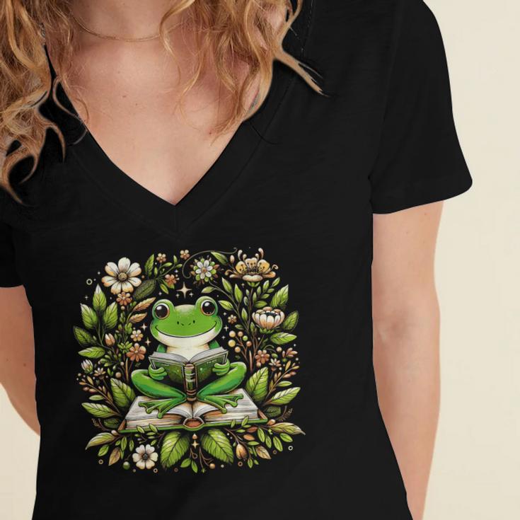 Cute Floral Frog Book Reading Women's Jersey Short Sleeve Deep V-Neck Tshirt