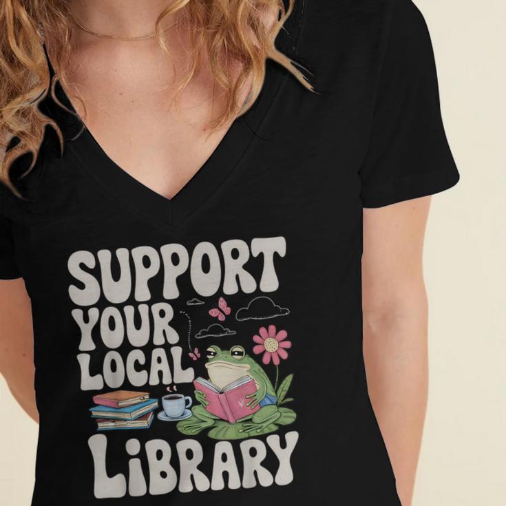 Cute Frog Support Your Local Library Librarian Book Lover Women's Jersey Short Sleeve Deep V-Neck Tshirt Cute Frog Support Your Local Library Librarian Book Lover Women's Jersey Short Sleeve Deep V-Neck Tshirt