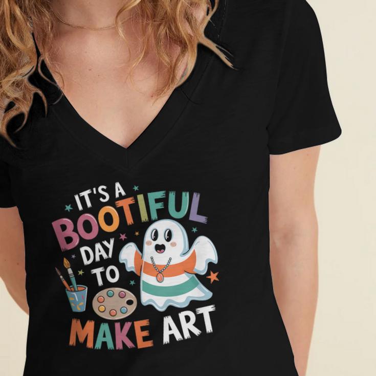 Cute Ghost Book Halloween Spooky Boo School Art Teacher Women's Jersey Short Sleeve Deep V-Neck Tshirt