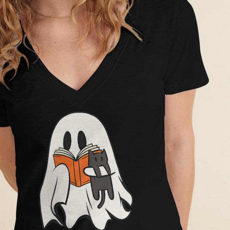 Cute Ghost Cat Reading Book Spooky Season Halloween Costume Women's Jersey Short Sleeve Deep V-Neck Tshirt Cute Ghost Cat Reading Book Spooky Season Halloween Costume Women's Jersey Short Sleeve Deep V-Neck Tshirt