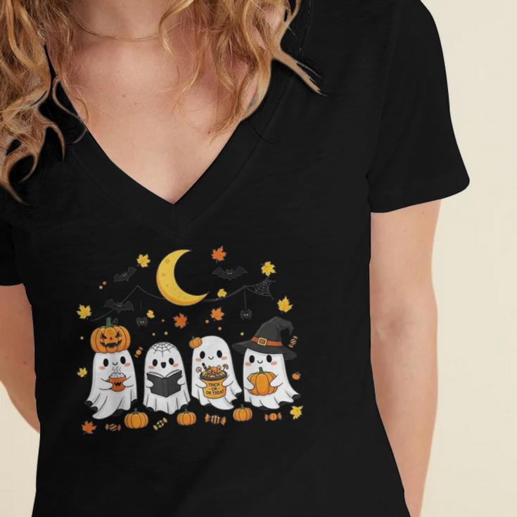 Cute Ghost Drinking Coffee Halloween Fall Ghost Book Reading Women's Jersey Short Sleeve Deep V-Neck Tshirt Cute Ghost Drinking Coffee Halloween Fall Ghost Book Reading Women's Jersey Short Sleeve Deep V-Neck Tshirt