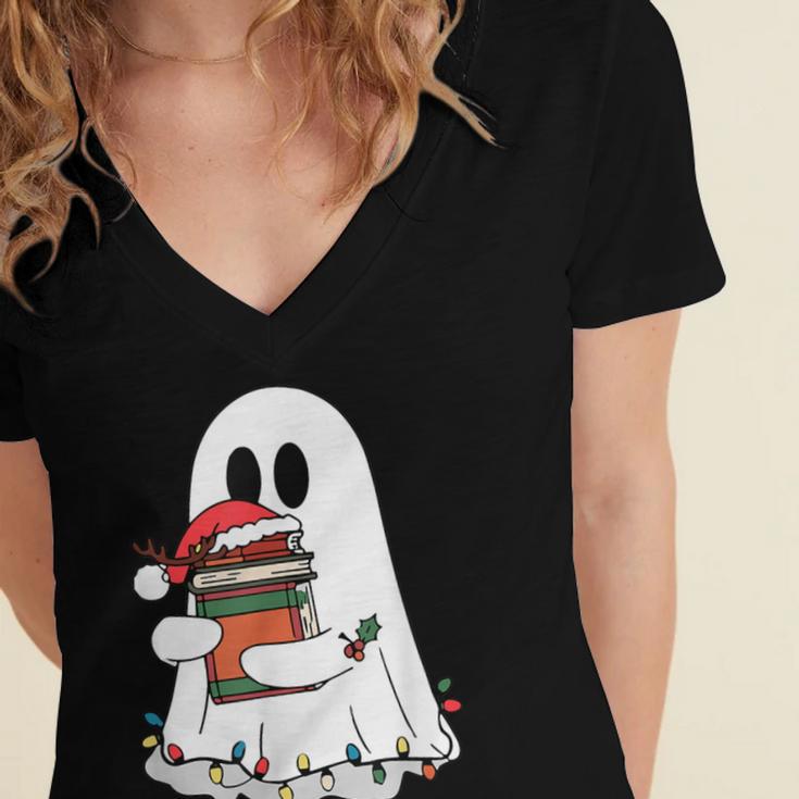 Cute Ghost Holding Books Bookish Christmas Women's Jersey Short Sleeve Deep V-Neck Tshirt