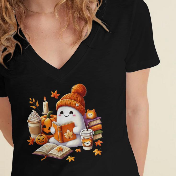 Cute Ghost Reading Book Lovers Halloween Pumpkin Women Girls Women's Jersey Short Sleeve Deep V-Neck Tshirt