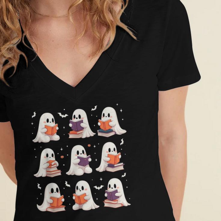 Cute Ghost Reading Book Lovers Halloween Ghost Women's Jersey Short Sleeve Deep V-Neck Tshirt